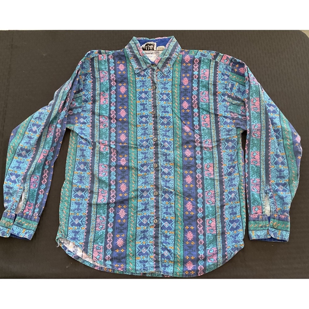 Vintage Wind Roper Shirt Women Small Blue Pink Green Aztec Pattern Button Up 90s